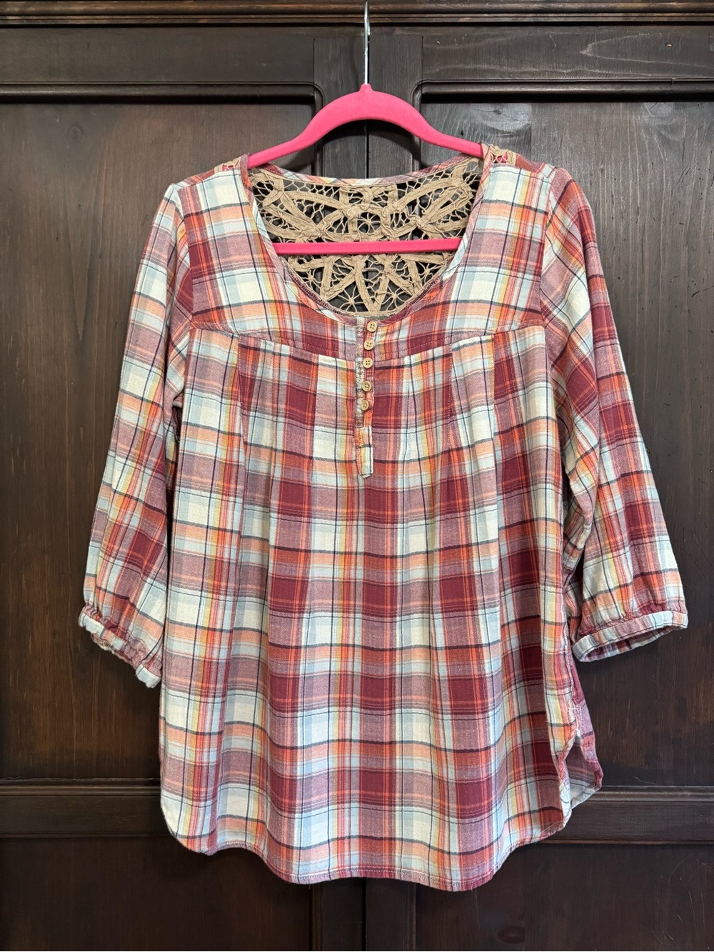 Cottagecore Red Plaid Crochet-Back Button Front Top by Ruff Hewn